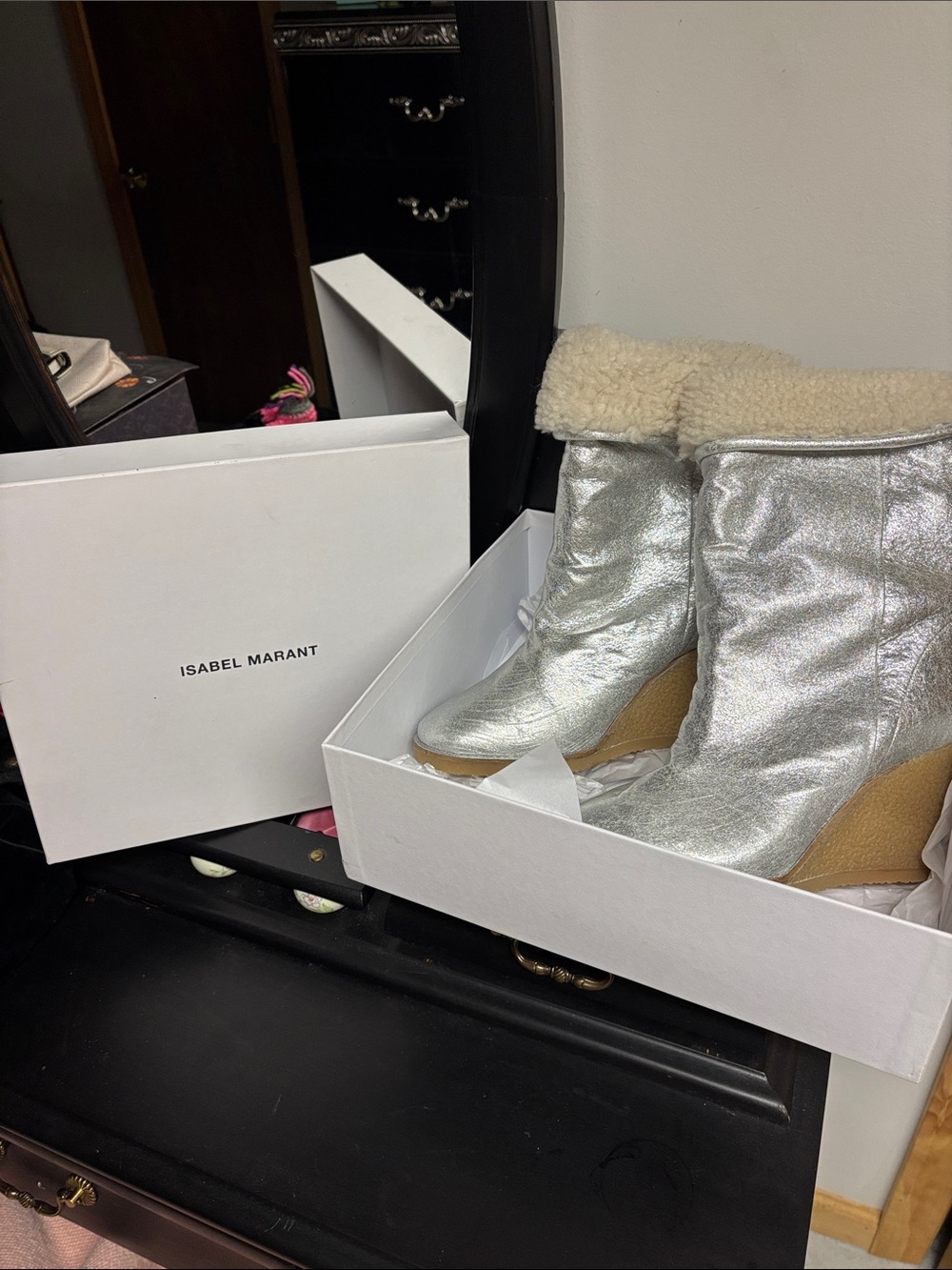 Isabel Marant Metallic Silver Shearling Wedge Ankle Boots